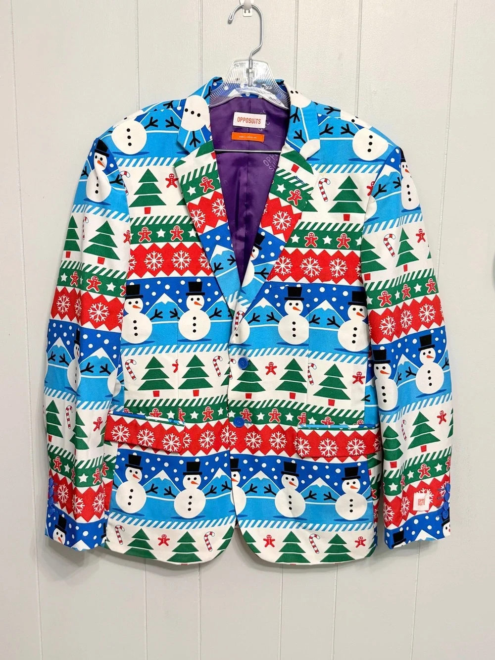 OppoSuits Blue, Red, Green & White Festive Snowman Blazer